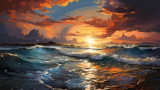 A breathtaking sunset over the cobalt blue ocean, painting the sky with vibrant hues