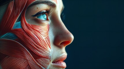 A side view of a woman's face with her flesh and muscles visible against clear backdrop, space, Generative AI.