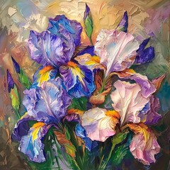 Fleur-de-lis. A beautiful oil painting of irises. Flowers on a juicy light background. Bright, colorful and textured brush strokes.