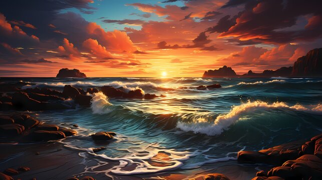 A breathtaking sunset over the cobalt blue ocean, casting a warm orange glow on the water's surface