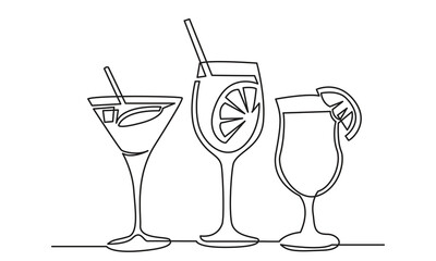 Single continuous line drawing of cocktail.line art exotic cocktail drinks vector doodle.Hand-drawn vector illustration.