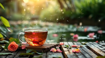 A translucent cup of scented tea on a wooden surface with a calm lake backdrop, petals, Generative AI. - obrazy, fototapety, plakaty