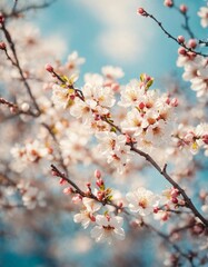 A general plan of branches with magnificent delicate pink flowers of apricot tree on a sunny day against the blue sky