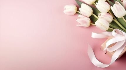 A white tulip bouquet on a white and pink background, AI-generated