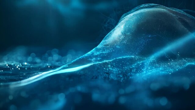 The glow of bioluminescence illuminating the night sea, with blue-white light reflected on the water surface creating a mystical atmosphere.
