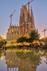 The imposing Sagrada Familia in Barcelona after sunset