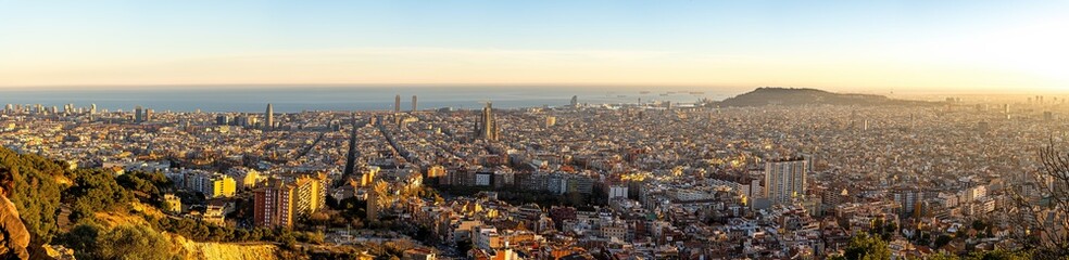 Panorama of Barcelona in Spain just before sunset - obrazy, fototapety, plakaty