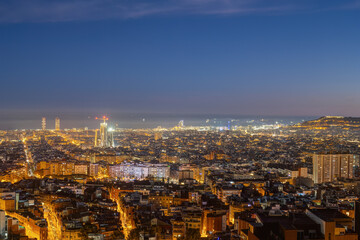 The skyline of Barcelona in Spain at night