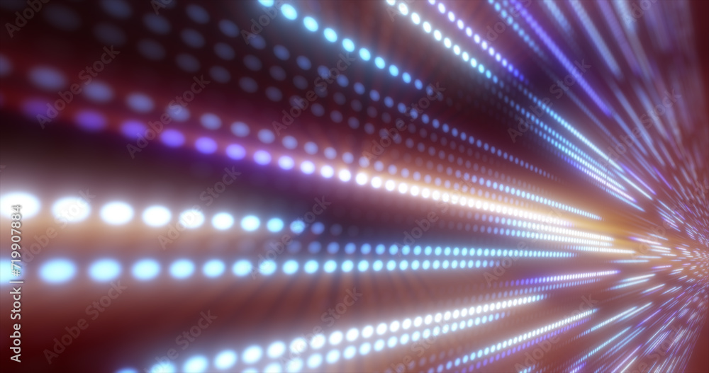 Poster abstract bright purple background pattern of flying lines of dots and glowing circles of futuristic 