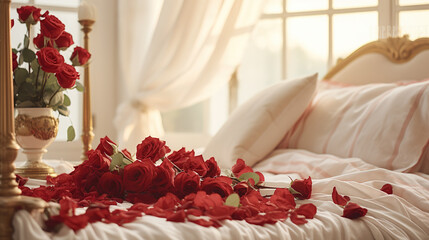 Rose and Petals laid out on Bed Duvet. Created with Ai