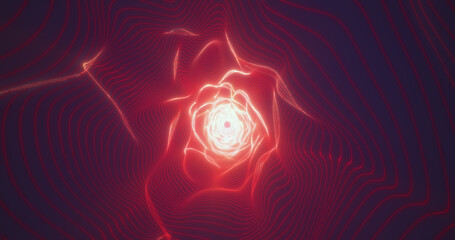 Abstract red orange energy tunnel made of lines and dots of particles, tunnel glowing shiny futuristic hi-tech, abstract background