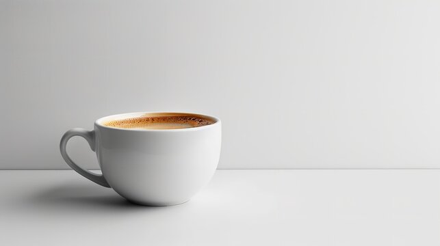 A white coffee cup set apart against a white backdrop with side view, big copy space, Generative AI.