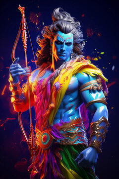 Colorful Lord Ram with bow and arrow on dynamic colorful background, Indian God, generative AI