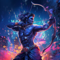 Colorful Lord Ram with bow and arrow on dynamic colorful background, Indian God, generative AI