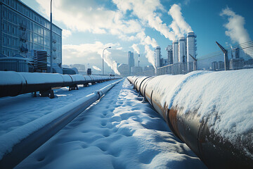 Urban gas pipelines amidst a snowy cityscape, Energy industrial technology and nature - obrazy, fototapety, plakaty