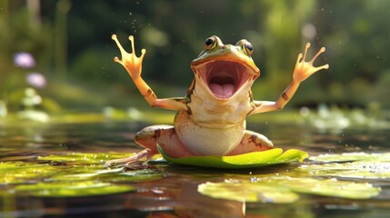 In a display of impressive athleticism a frog does a backflip while croaking a high note and lands perfectly on his lily pad. The audience gives him a standing ovation as - obrazy, fototapety, plakaty
