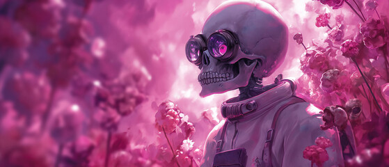 Skeleton In The Pink Forest.  Illustration On The Theme Of Fairy Tales And Fantasy, Cartoons And Cinema. Generative AI	
