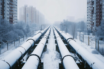 Urban gas pipelines amidst a snowy cityscape, Energy industrial technology and nature