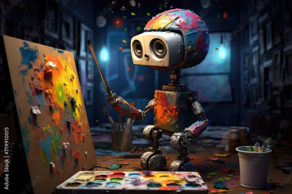 Poster concept of generative ai art technology, robot painting picture in studio. comeliness