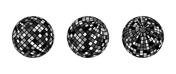 Black and grey disco ball set. Collection of shining spheres in different angles. Turning music globe or planet bundle. Mirror ball element pack for poster, banner, music cover, party. Vector