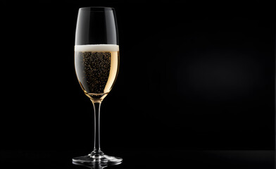 A champagne glass on a simple black background, Valentine's Day, Christmas. Generative AI