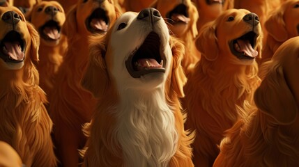 A golden retriever soloist belting out an emotional ballad as her fellow dog choir members provide backup vocals with their barks and howls. - obrazy, fototapety, plakaty