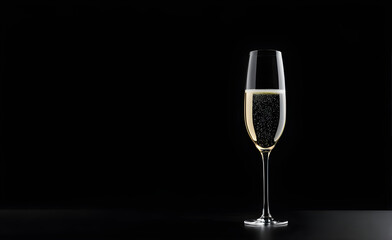 A champagne glass on a simple black background, Valentine's Day, Christmas. Generative AI