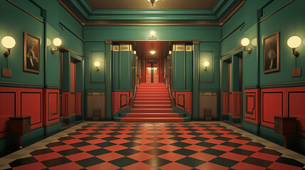 Regal Cinema Hallway with Art Deco Elements and Checkerboard Tile Floor