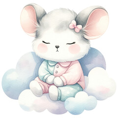 Cute Chinchilla Sleeping on the Cloud, Watercolor, Happy Animal For Baby Newborn, Isolated on Transparent Background. Generative AI