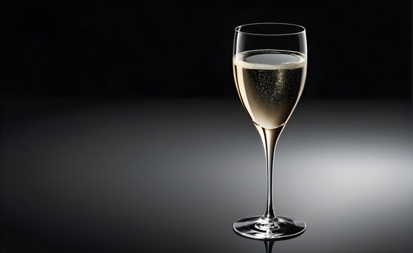 A champagne glass on a simple black background, Valentine's Day, Christmas. Generative AI