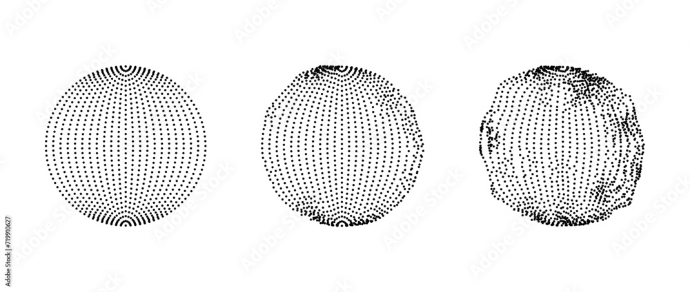 Aufkleber Set of dotted spheres with dissolve effect. Stippled disintegrating circle collection. Halftone texture balls with noise dotwork grain. Radial grunge particles. Dot sphere element bundle. Vector