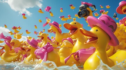 Obraz premium Cartoon scene A group of alien tourists equipped with cameras and packs are caught off guard as a flock of giant rubber ducks swoops in to abduct them leaving their