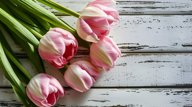 Springtime pink tulips on white rustic wooden boards, Colorful tulips on a shabby wooden background for Mothers Day Spring Easter Holiday Concept, AI generated