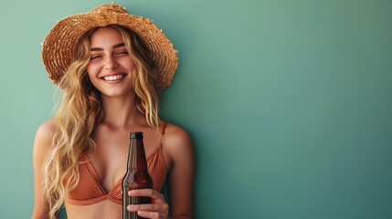 Attractive woman model in bikini hand hat holding a bear bottle against a clean green backdrop with a big copy space, Generative AI.