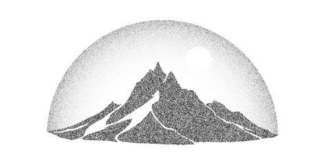 Grain stippled mountain range. Dotted landscape terrain silhouette. Black white grainy hill chain. Grunge noise nature background. Pointillism texture wallpaper. Vector dot work style illustration