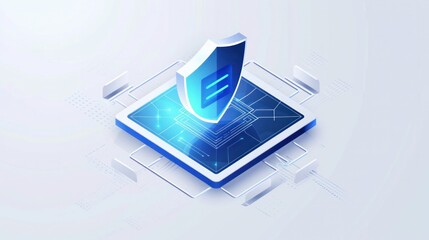 A system security icon with a predominant shield shape, isometric perspective, illustration style, white background, blue theme, impeccable details, and no flaws.   