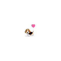 Beagle dog standing,and a pink heart shape balloon attached its tail,love emotion concept.