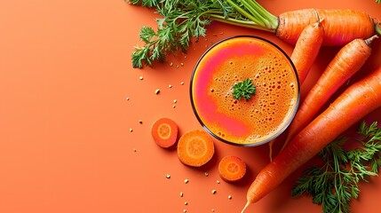 Carrots on a color scheme of orange with fresh carrot juice imposed in a glass, space, Generative AI. - obrazy, fototapety, plakaty