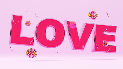 Happy Valentine's day, text love with rose on pink background. 3d rendering