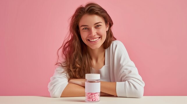 hyper realistic image of a young happy bright beautiful woman bright background, table in front of the woman is a transparent supplement bottle with an empty white label on the center