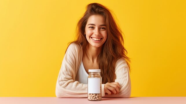 hyper realistic image of a young happy bright beautiful woman, bright background, table in front of the woman is a transparent supplement bottle with an empty white label on the center   