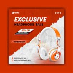 Headphone social media post advertisement and web banner design, Colorful musical instrument poster design template