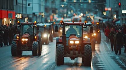 Farmers' strike on tractors in the city center. rally, demonstration and manifestation expression of discontent - obrazy, fototapety, plakaty