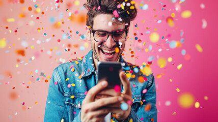 Happy young man using his smart phone with confetti