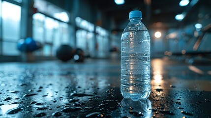 Close shot of a water bottle kept in a clean wet surface in warehouse with a big copy space, Generative AI.