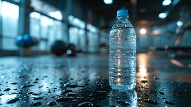 Close Shot Of A Water Bottle Kept In A Clean Wet Surface In Warehouse With A Big Copy Space, Generative AI.