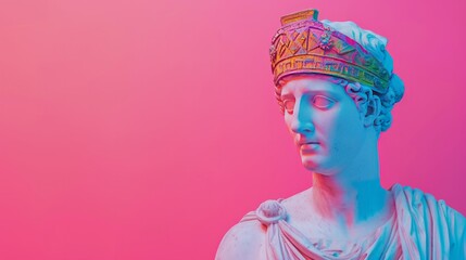 Studio photographic shoot of roman statue of a man with colorful venice carneval mask , on the pink background, vivid pastel colors, minimalism, award winning photography   