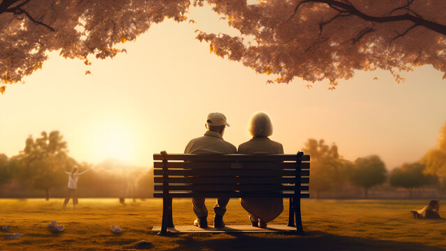 A retired couple sits affectionately across from each other. They are looking at the sky and planning their retirement life.