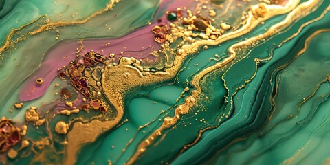Background adorned with shimmering green and gold hues, interlaced with delicate pink veins. This lively and vibrant palette exudes a sense of jubilant energy.