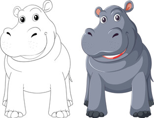Two hippos, one colored and one line art.